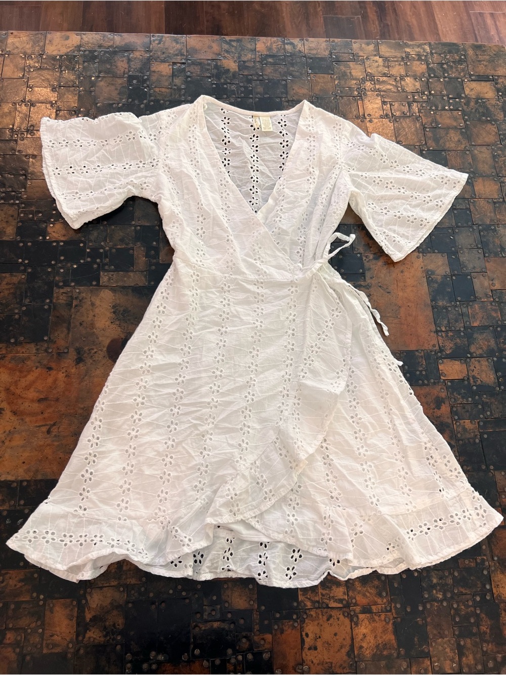 Japna White Eyelet Wrap Midi Dress with Ruffle Hem